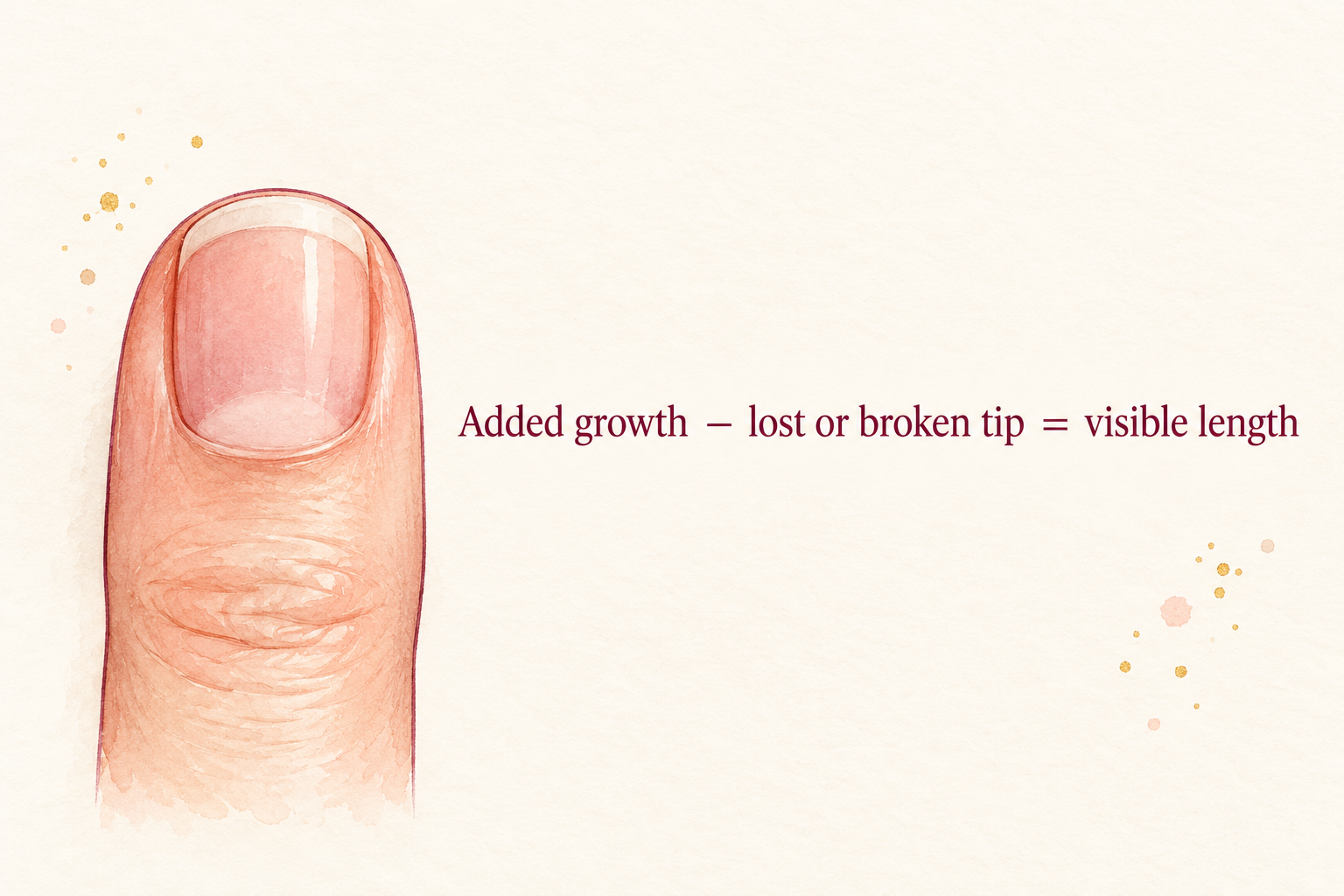 A short natural nail sits beside the equation: Added growth minus lost or broken tip equals visible length.
