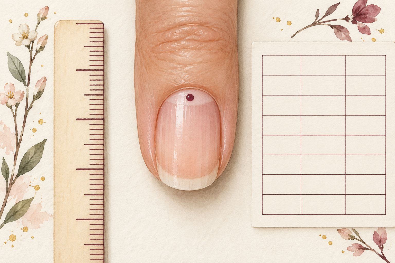 A small marker dot near the cuticle sits beside a ruler and blank tracking sheet.