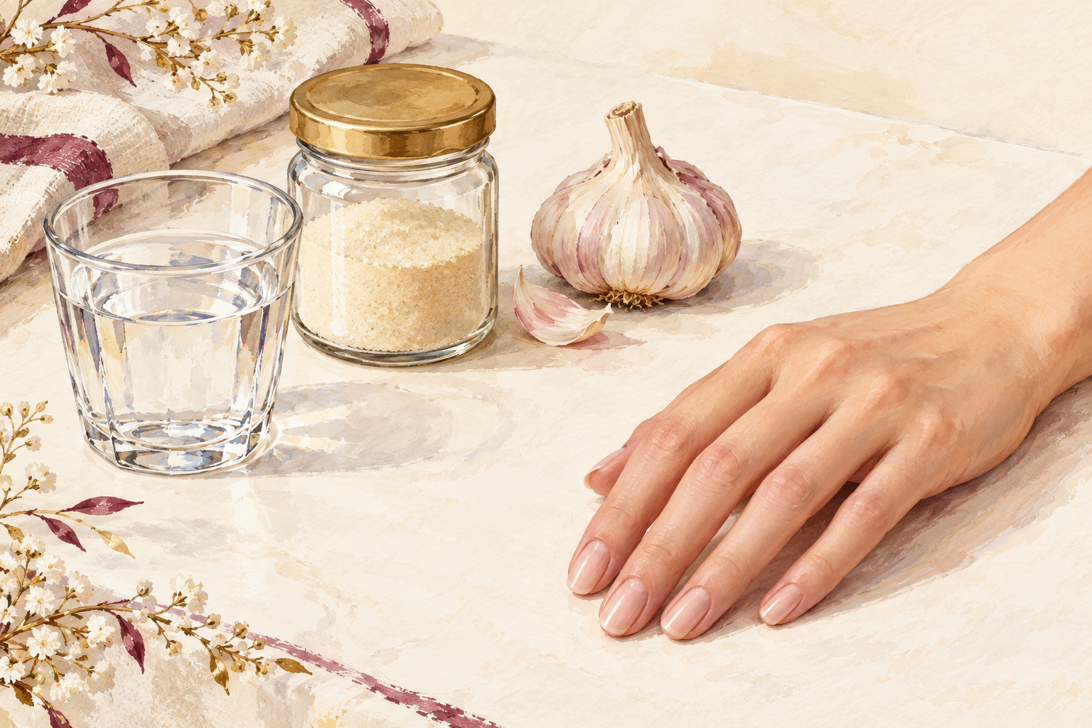 Unopened gelatin and a whole garlic bulb sit untouched beside water and a relaxed hand.