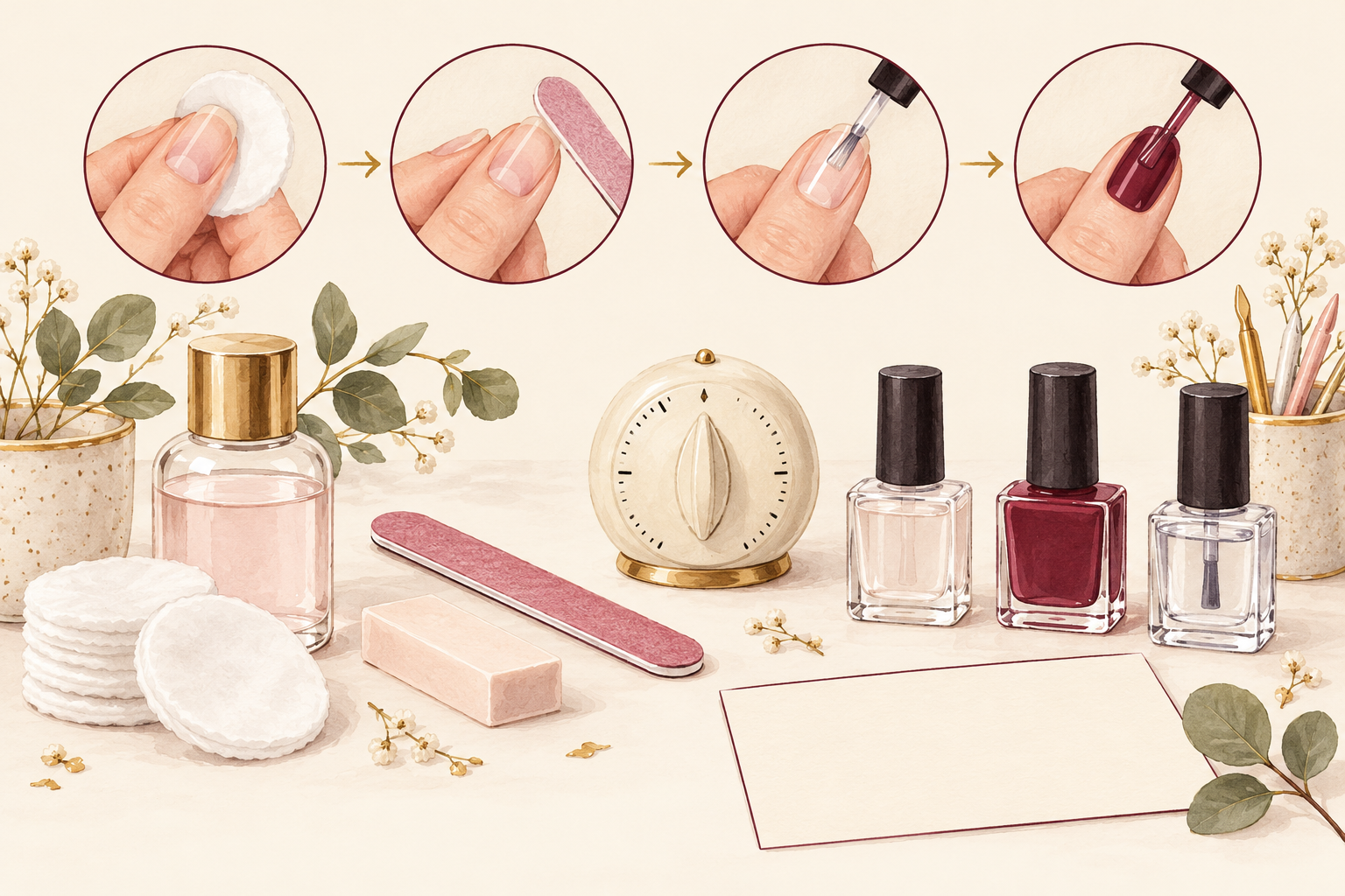 A small timer and blank note sit beside manicure tools arranged in stages.