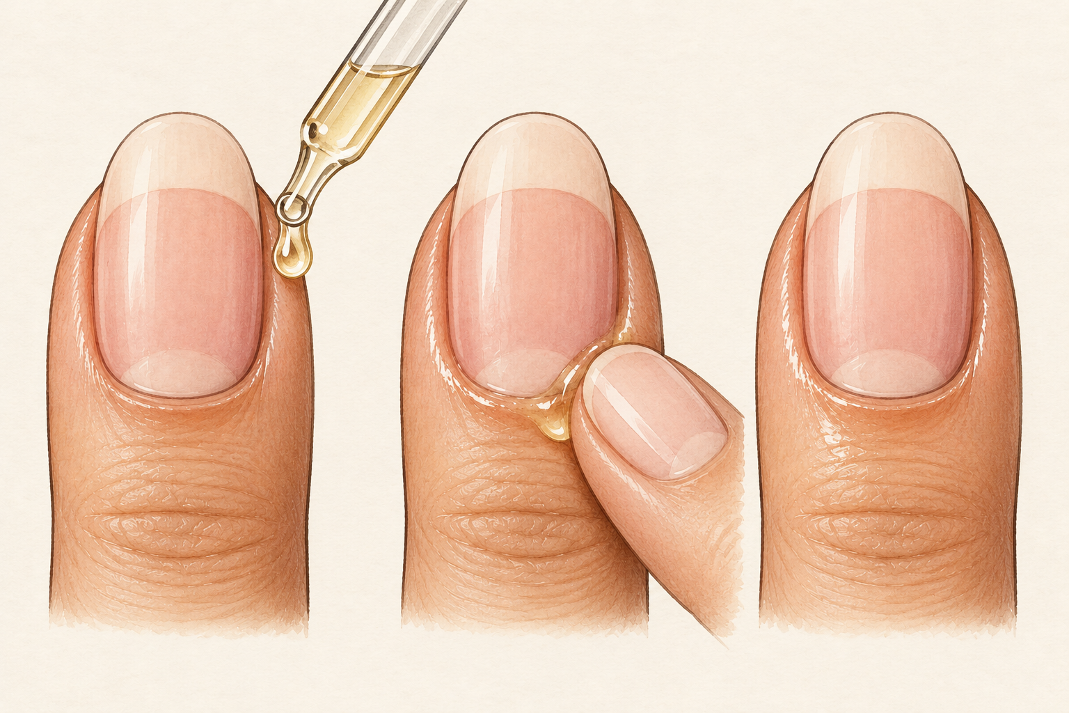 A drop of cuticle oil rests beside a bare natural nail for gentle next-day care.