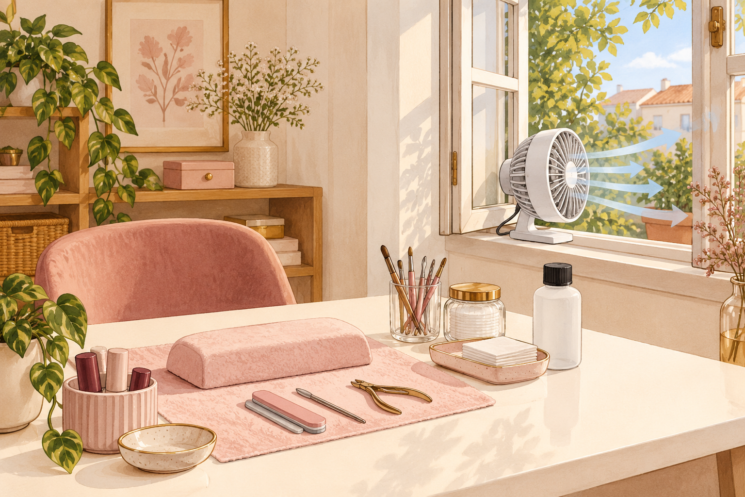 An open window and outward-facing fan ventilate a manicure table beside a closed liquid container.