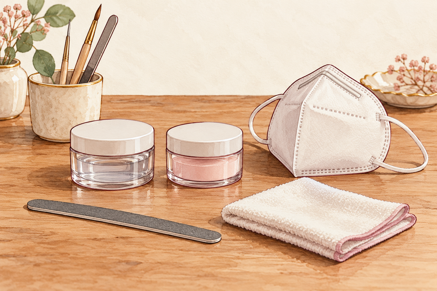 A particulate mask, closed acrylic pots, file and damp dust-control cloth sit on a clean table.