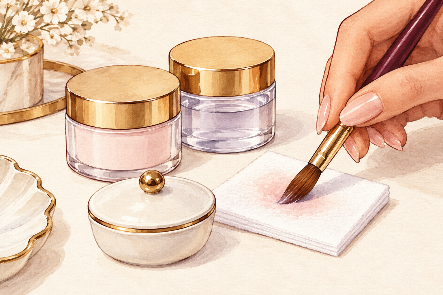 An acrylic brush is wiped on a lint-free pad beside separately covered powder and liquid pots.