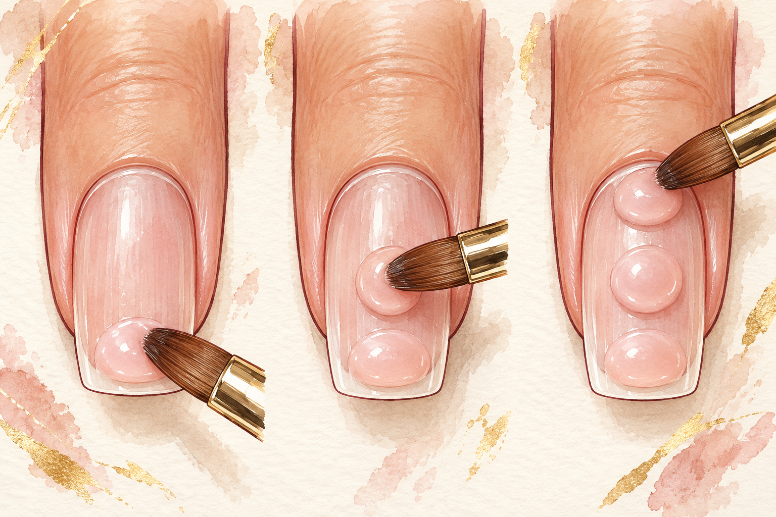 Three small acrylic beads are placed along the nail plate with a clear gap from intact skin.