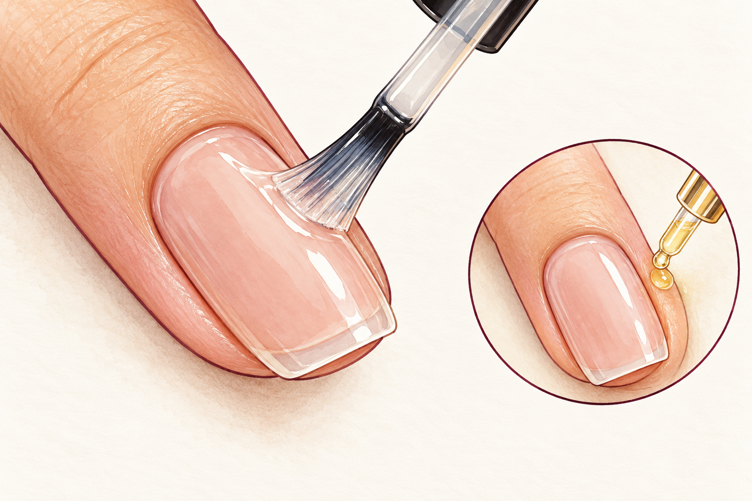A thin top coat is capped over an acrylic extension, with oil shown separately on nearby skin.