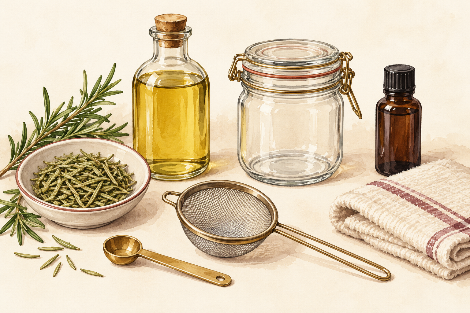 A bowl of rosemary leaves, oil bottles, a closed glass jar, strainer and measuring spoon rest on a counter.