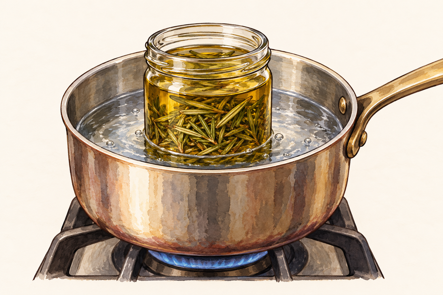 An open jar of oil and herbs stands in a saucepan of water with small bubbles above a burner.