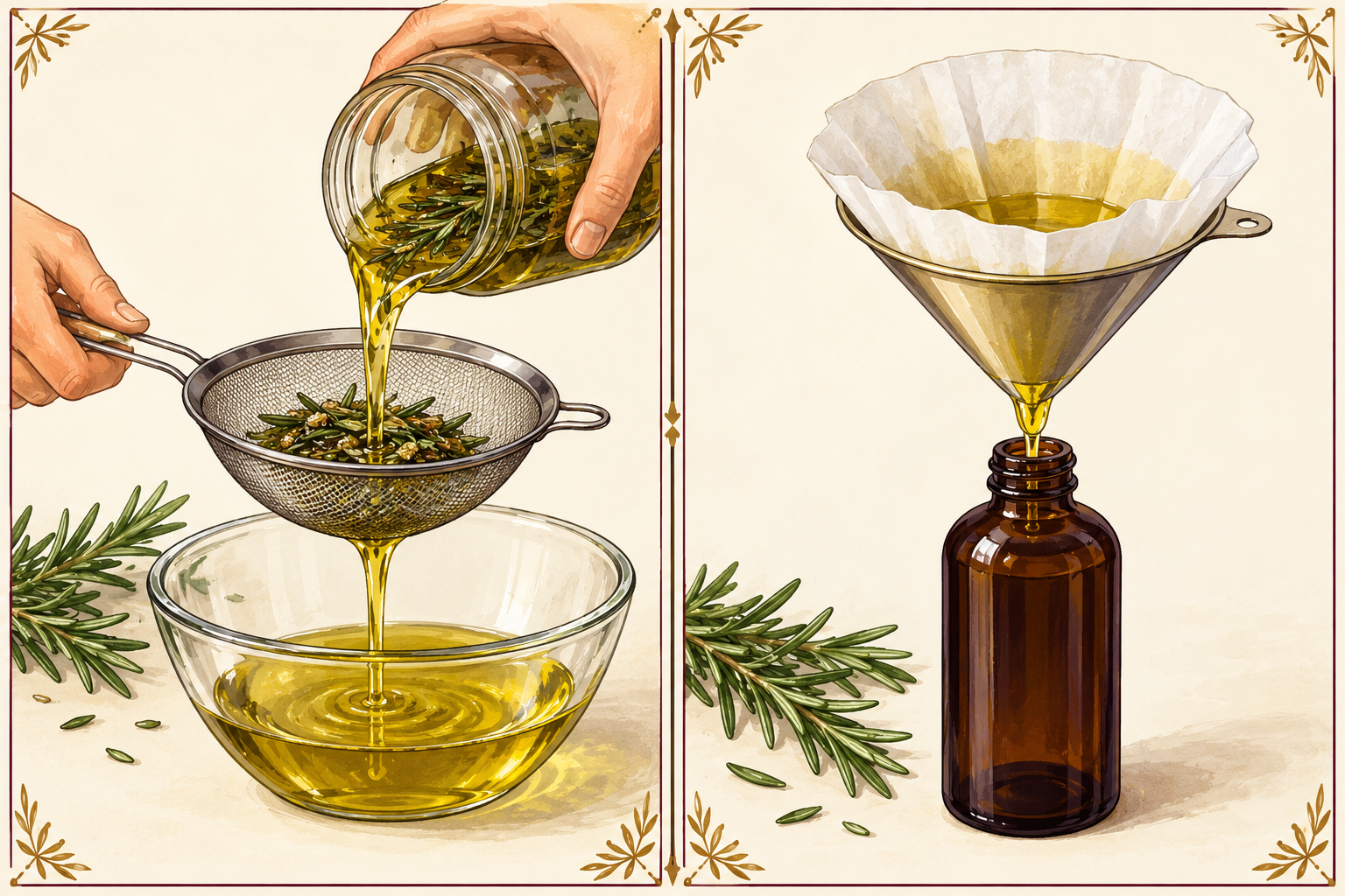 Two panels show oil poured through a mesh sieve into a bowl, then through a paper filter and funnel into an amber bottle.