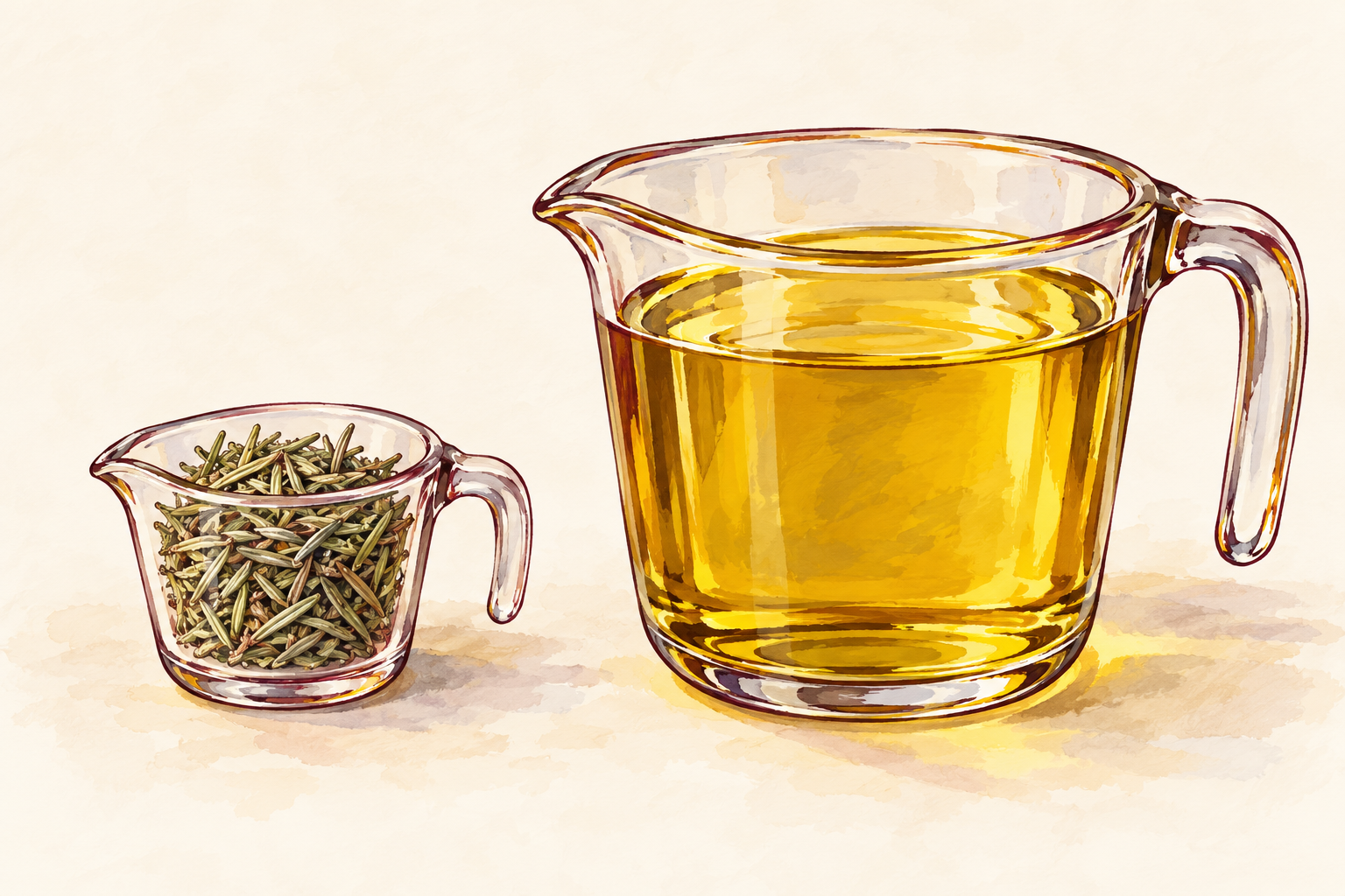 A small measure of dried rosemary sits beside a larger measuring cup of plain carrier oil.