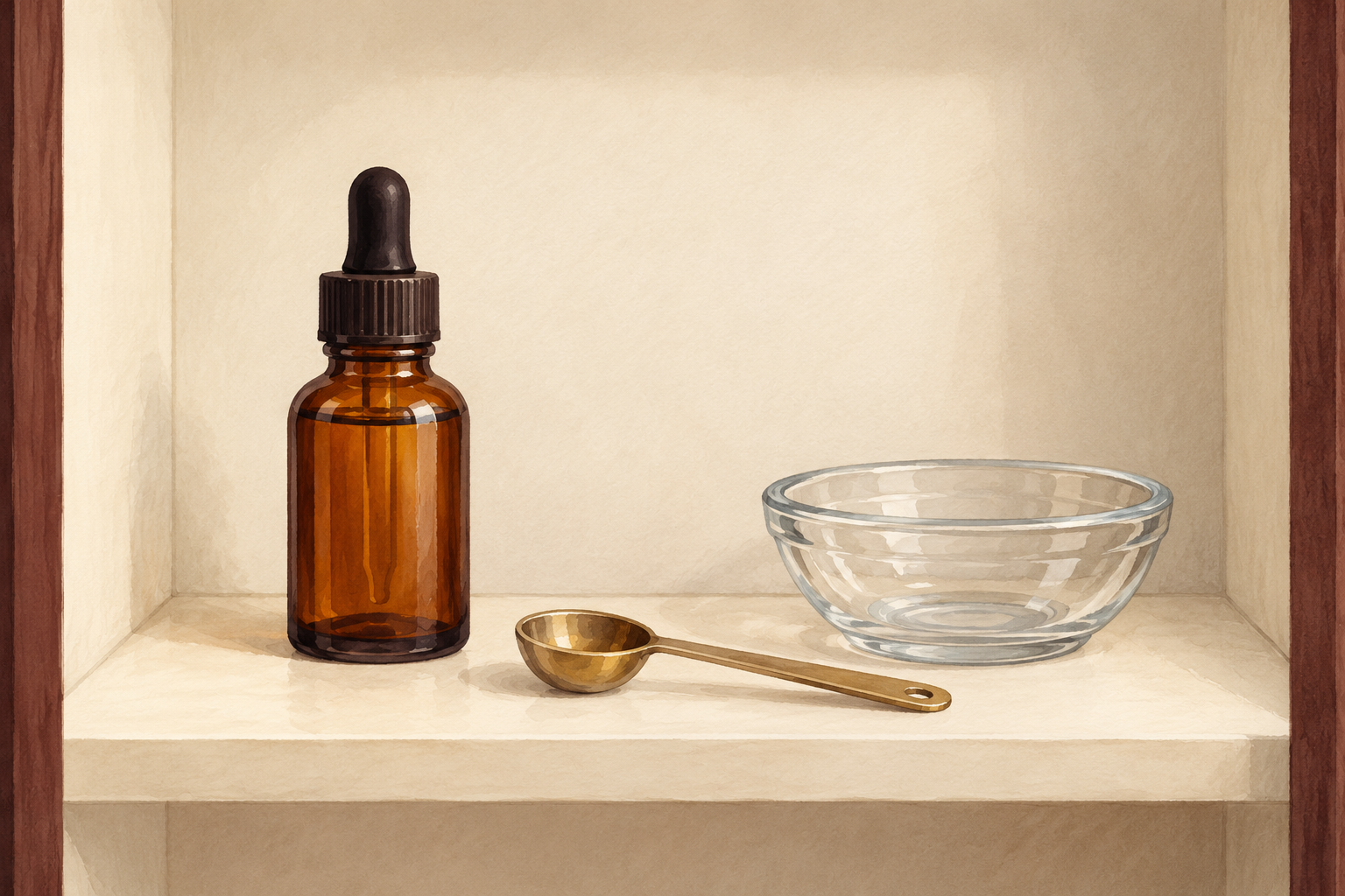 A capped amber bottle sits beside a clean measuring spoon and washed glass dish on a shaded shelf.