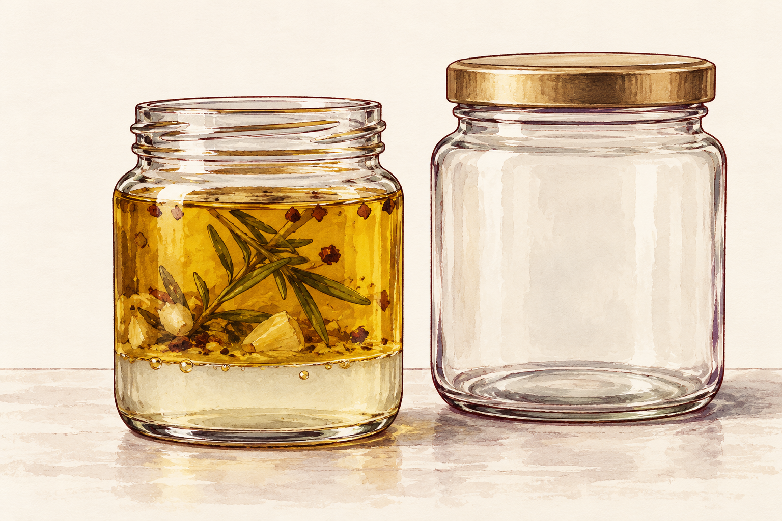 A jar of herbs and golden liquid has a pale lower layer and bubbles beside a closed empty jar.