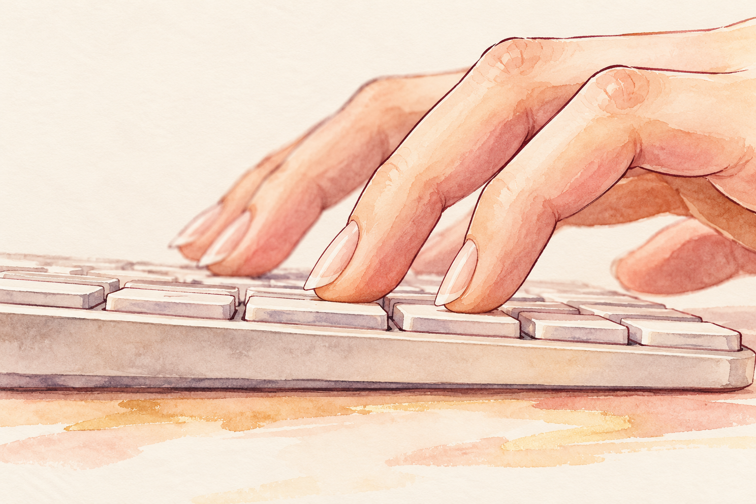 Finger pads press keyboard keys while natural nail tips stay lifted clear.
