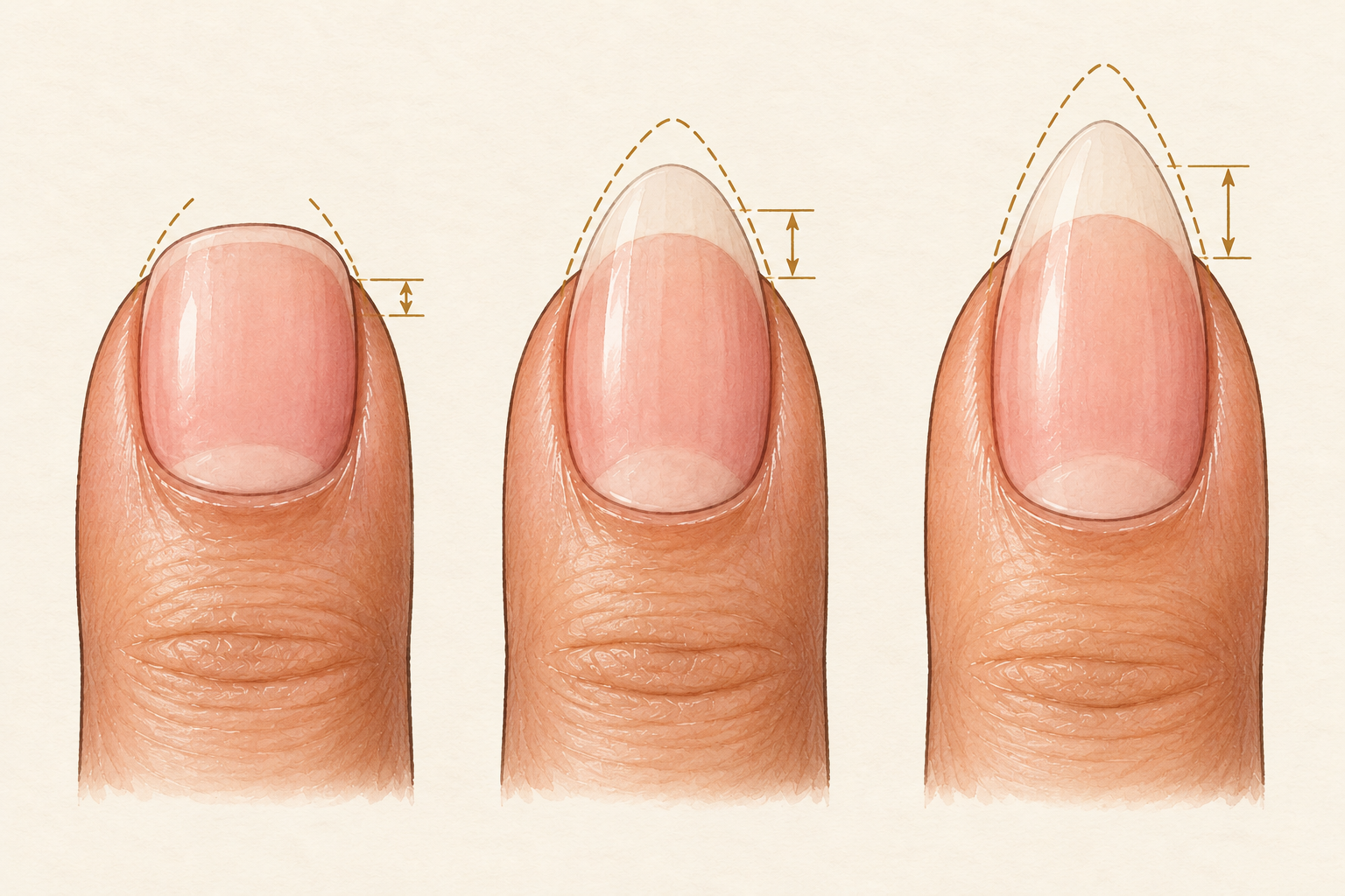 Three natural nail tips with different amounts of free edge, from a soft oval to a gentle almond shape.