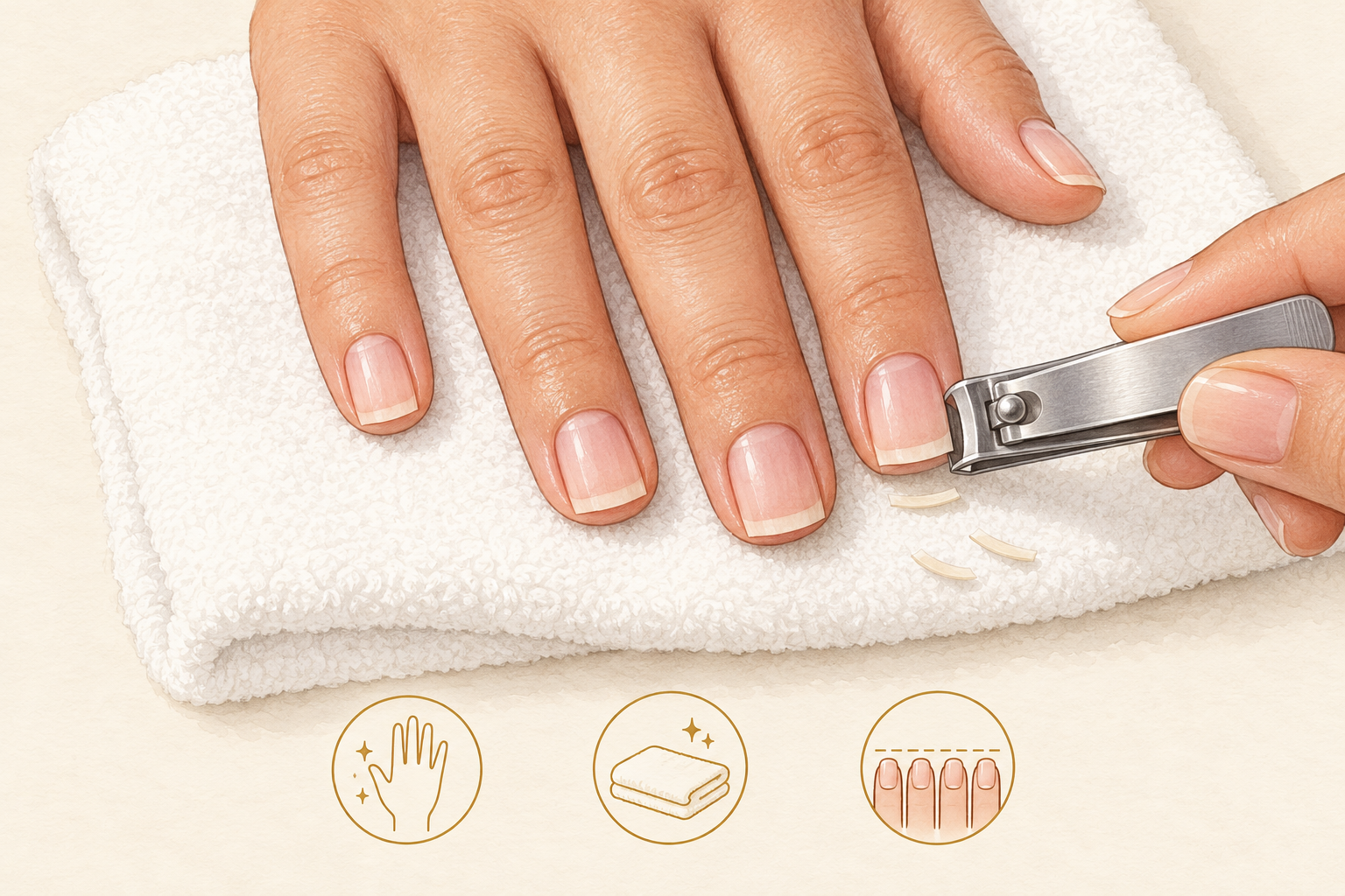 A dry hand rests on a towel as clippers even a natural nail tip with a nearly straight cut.