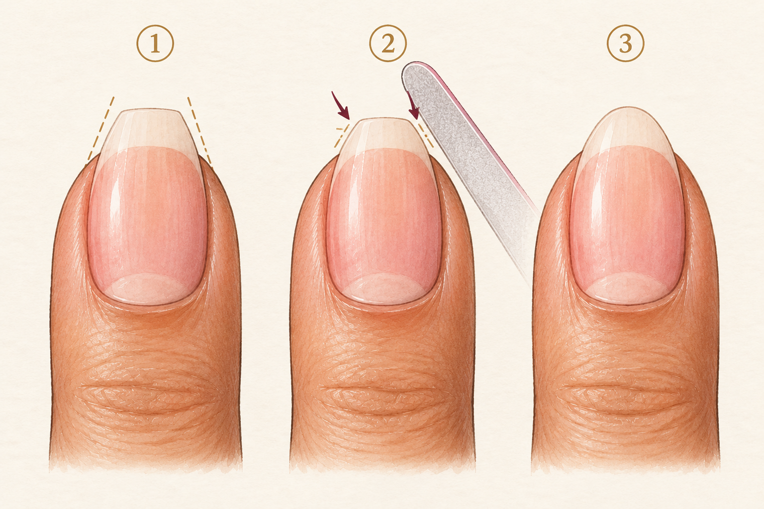A fine file gently tapers only the white free edge on both sides of a natural nail, preserving its sidewalls.