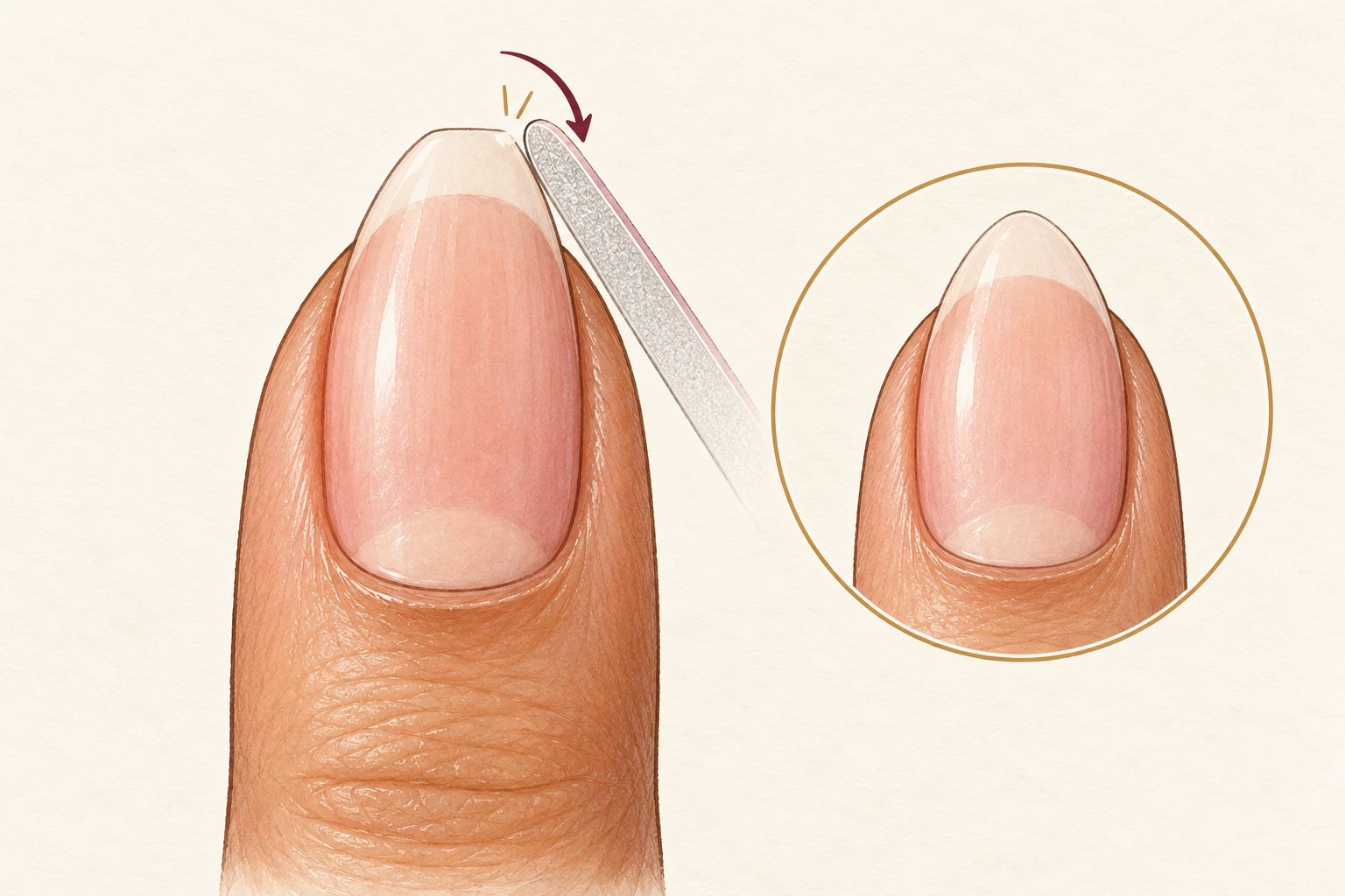 A fine file rounds only the outer corner of an already tapered natural nail, with a smooth almond finish shown in an inset.
