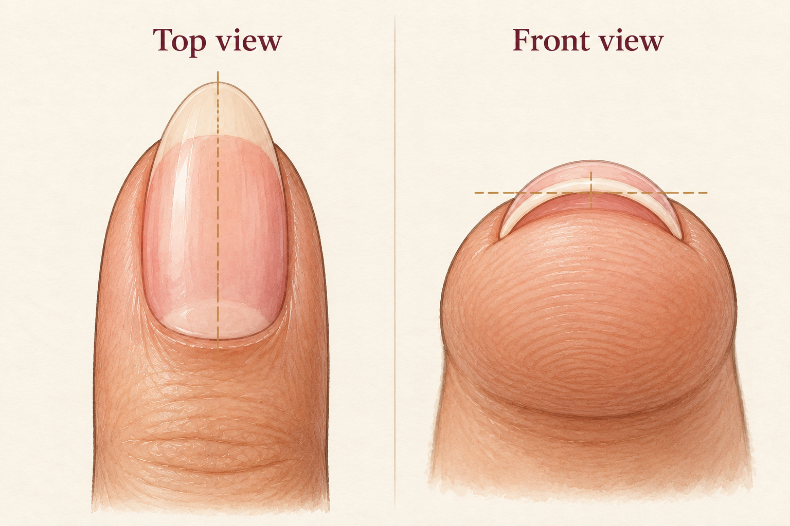 Top and front views of one natural almond nail show its centered tip and balanced left and right slopes.