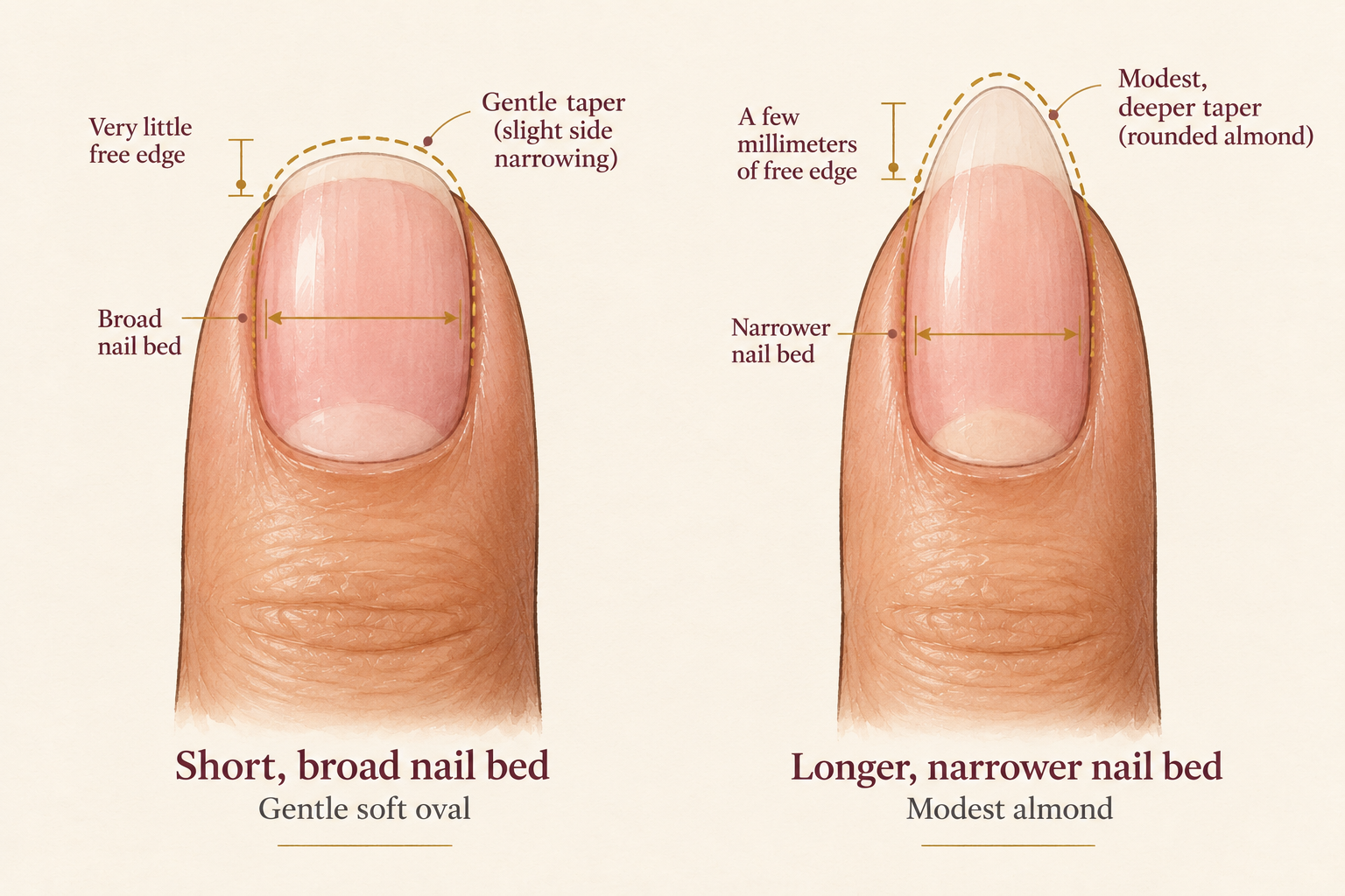 A short broad natural nail suits a soft oval, while a longer narrow nail can take a slightly deeper gentle almond taper.