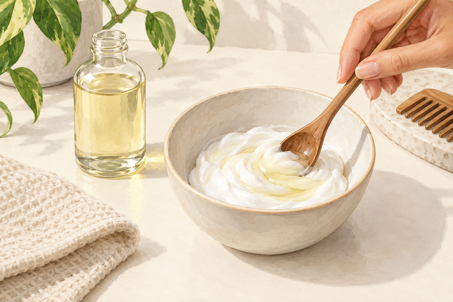 A small amount of unlabelled oil is mixed into a scoop of conditioner in a bowl.