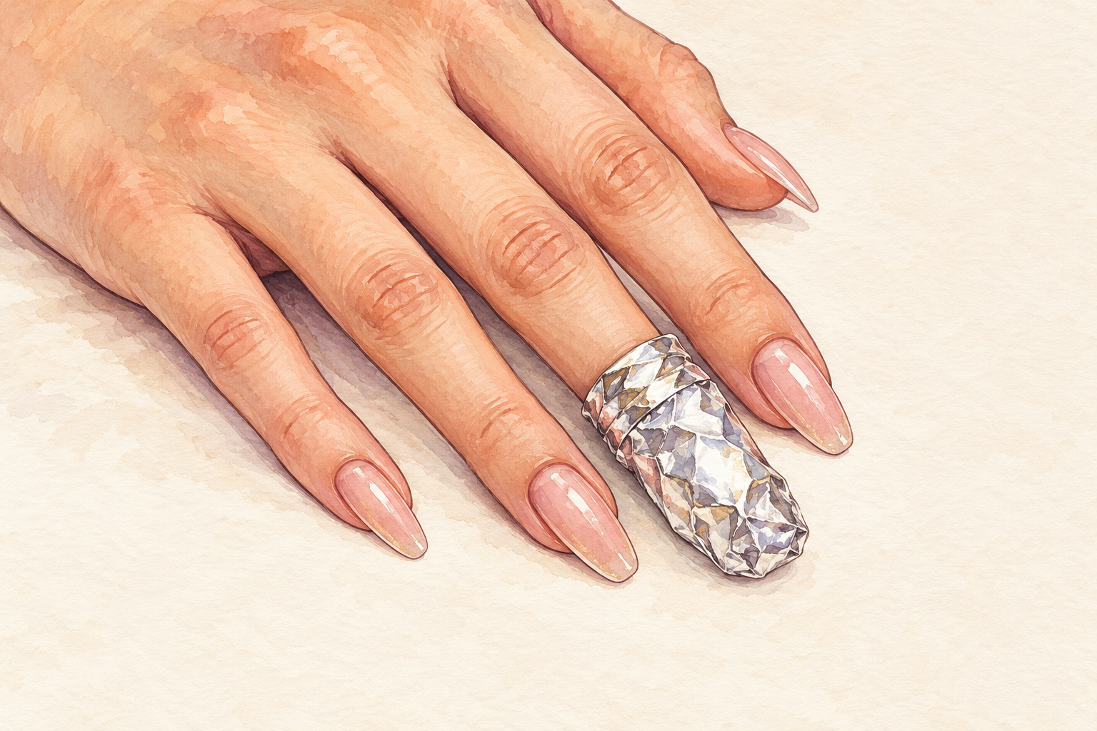 A fingertip is wrapped in foil over cotton beside spare cotton and foil, illustrating a gentle gel-removal wrap.
