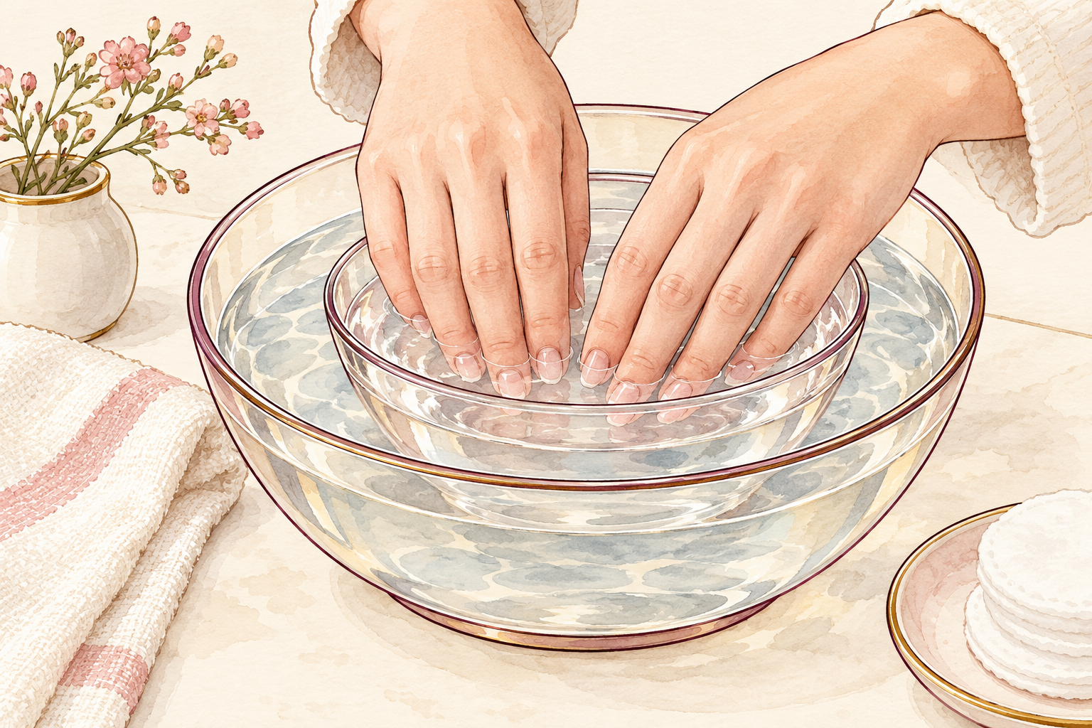 A clear glass bowl with acetone sits inside a larger bowl of warm water as fingertips rest in the inner bowl.