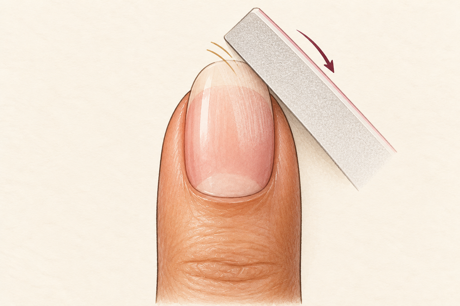 A fine buffer makes gentle passes across the top of a bare nail, leaving the natural nail plate intact.