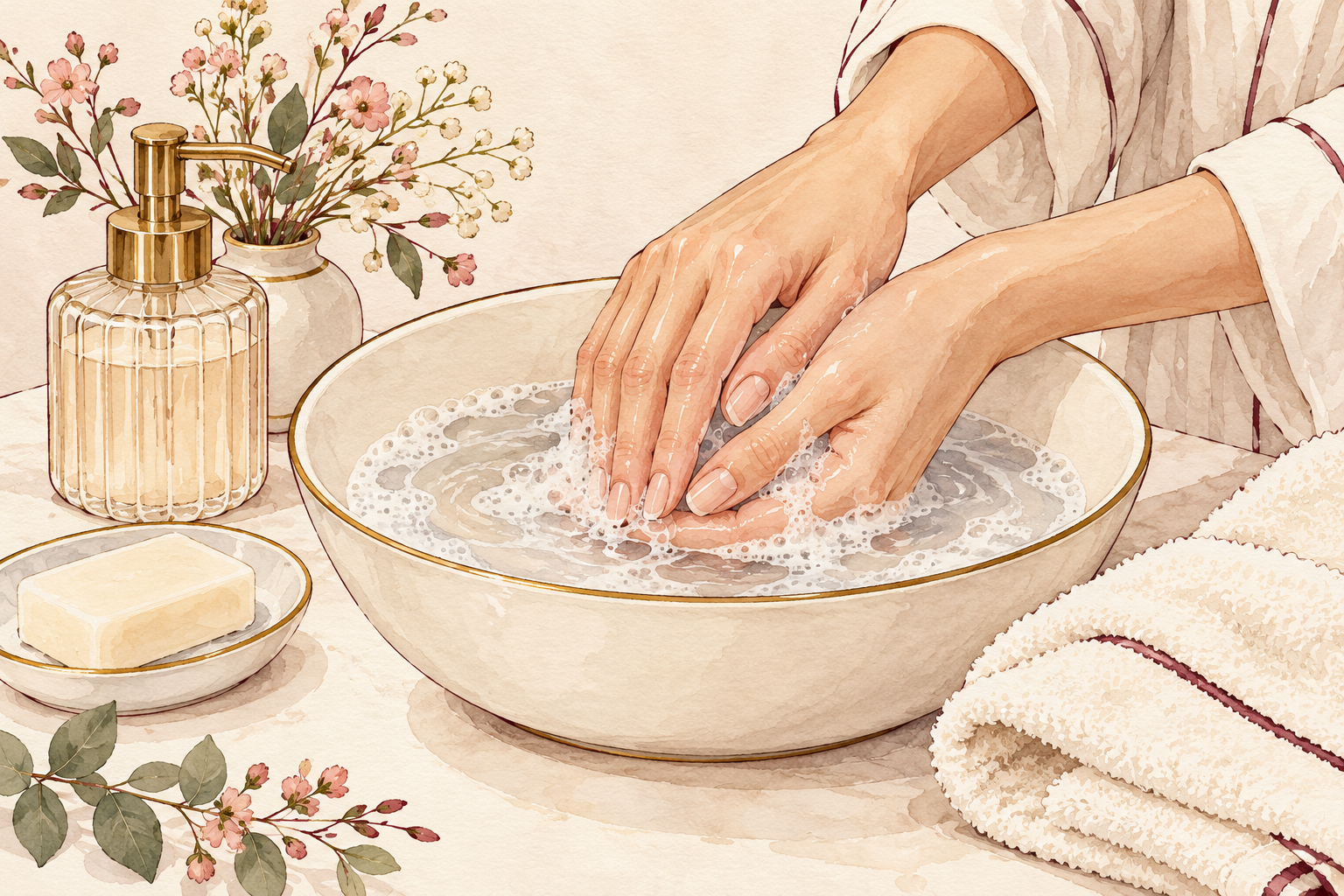 Hands are gently washed with mild soap and warm water in a basin, with a soft towel ready to pat them dry.