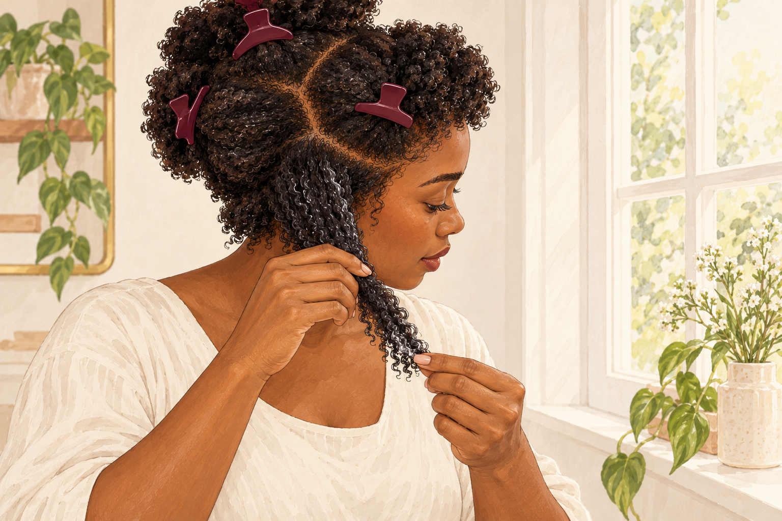 A woman gently holds a small section of her natural coily hair toward a window to inspect the ends.