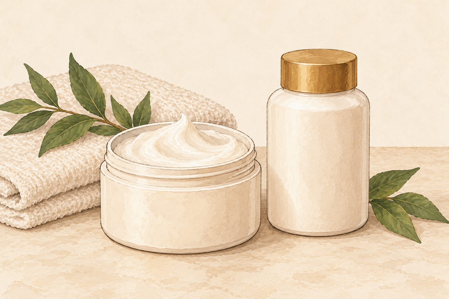Two unlabelled hair-treatment containers sit beside a folded towel, one open with cream and one closed.