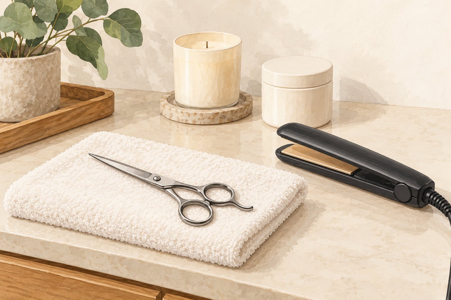 A candle, closed glue container and unbranded heated tool sit set aside near a pair of hair scissors.