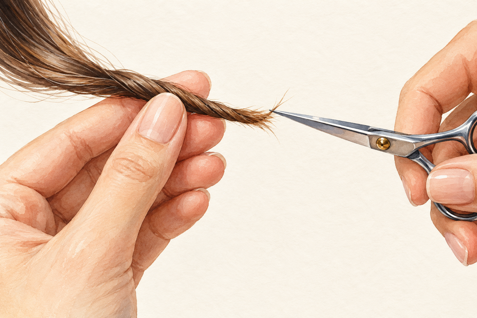 Small scissors trim one fuzzy end protruding from a narrow twisted hair section.