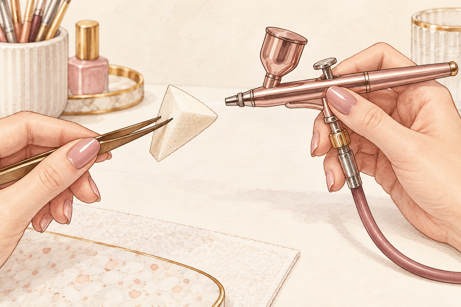 A wedge makeup sponge held in tweezers sits beside a compact nail-art airbrush.