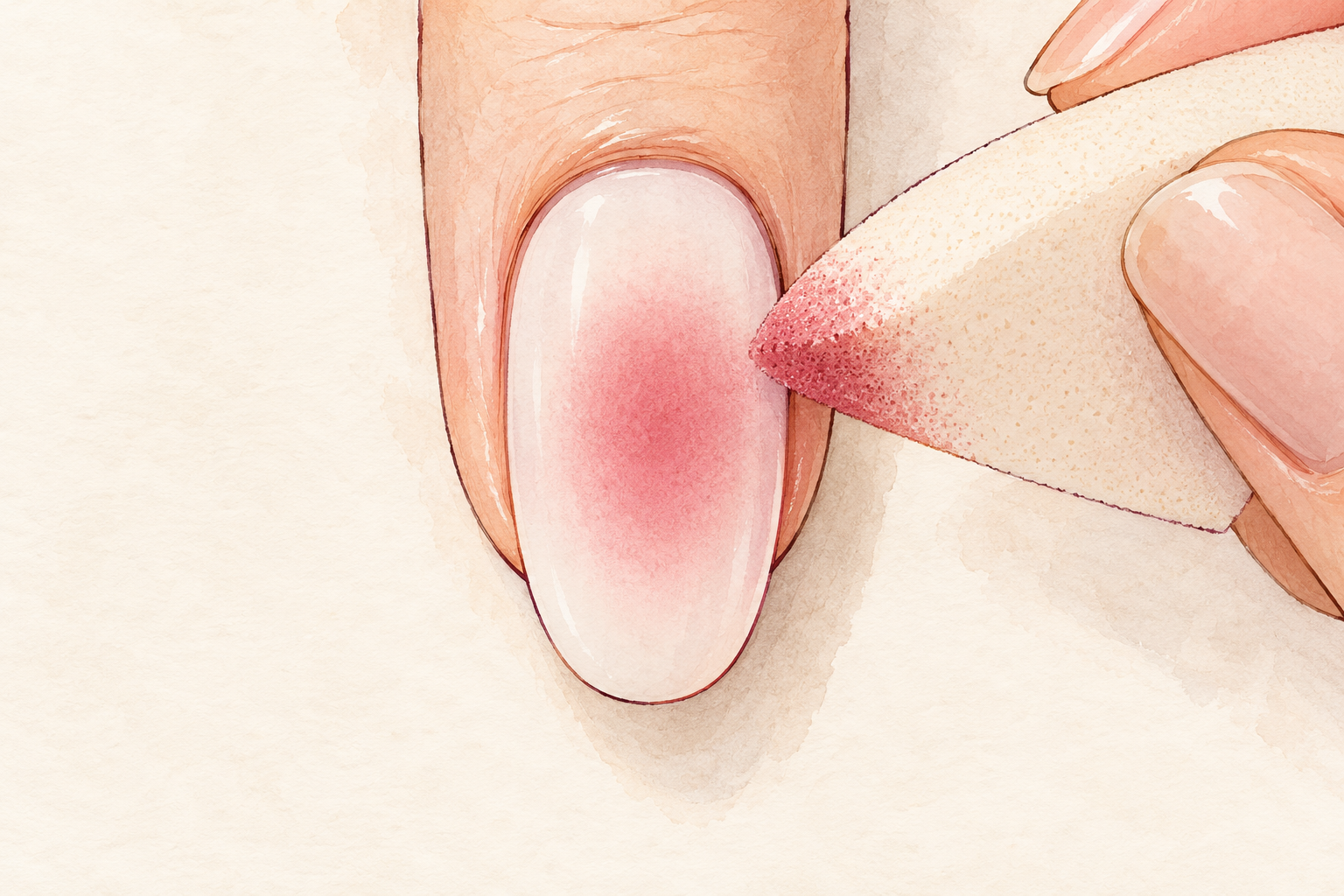 A sponge taps a soft rose aura into the center of a pale natural nail.