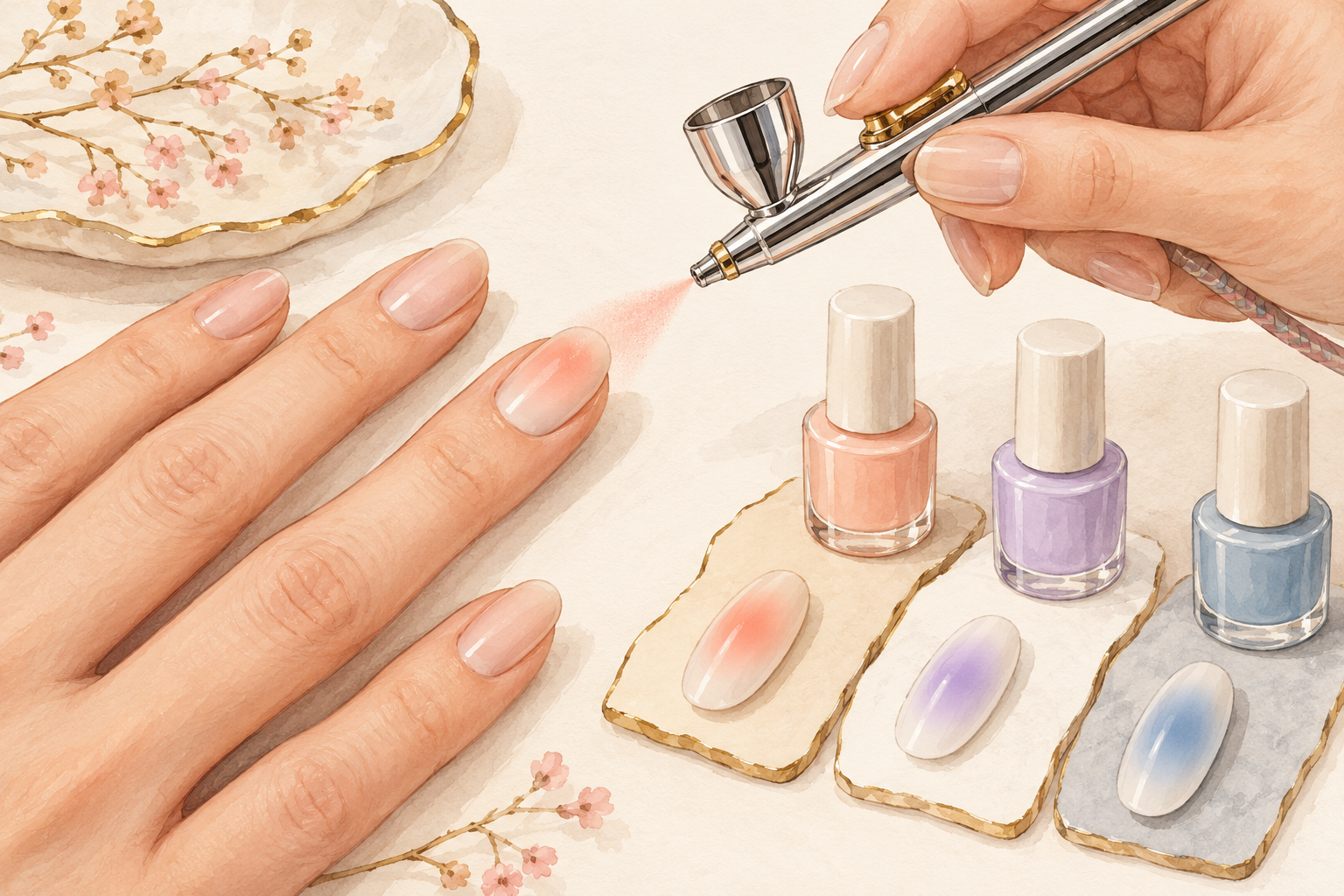 An airbrush sprays a soft peach aura beside peach, lilac and blue aura nail swatches.