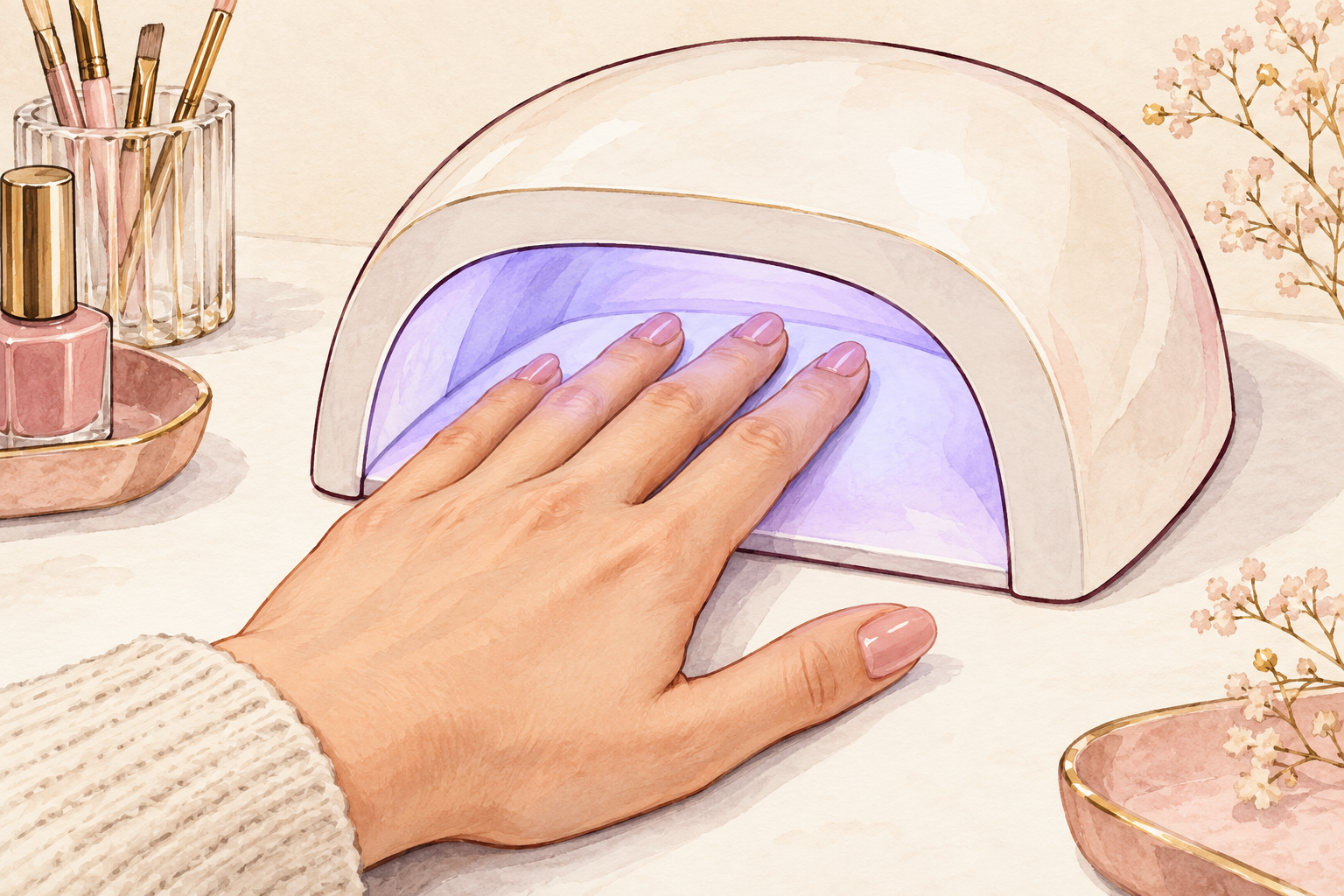 Four fingers lie flat inside a UV/LED nail lamp while the thumb is positioned separately.