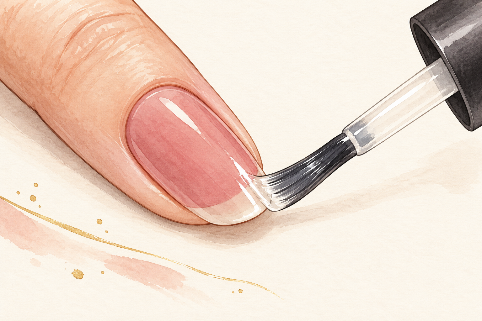 A clear top-coat brush floats over rose polish and caps the distal free edge.