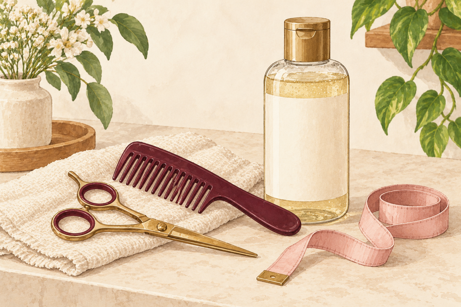 Small hair scissors, a comb, an unmarked measuring tape and an unlabelled bottle sit on a towel.
