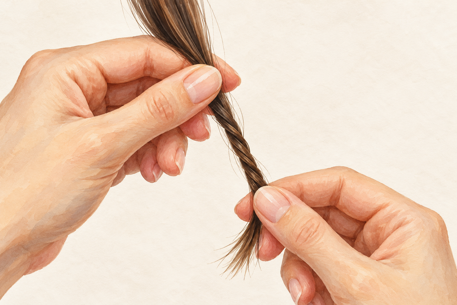 A narrow straight hair section is gently twisted into a slim rope with a few tiny ends visible.