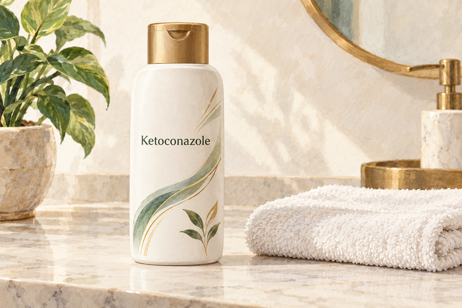 An unbranded shampoo bottle displays the exact readable label “Ketoconazole” beside a plain folded washcloth.
