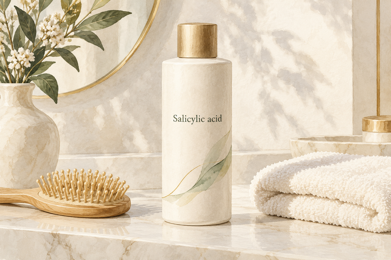 An unbranded shampoo bottle displays the exact readable label “Salicylic acid” beside a wooden brush and towel.