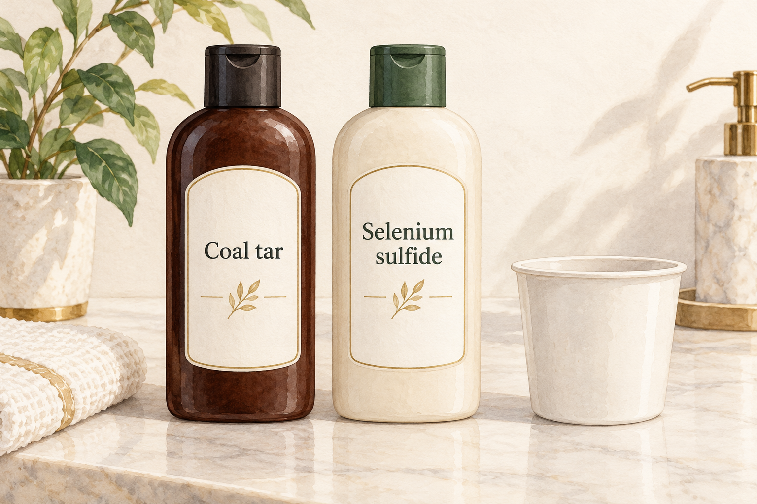 Two unbranded shampoo bottles display the exact labels “Coal tar” and “Selenium sulfide,” beside a plain rinse cup.
