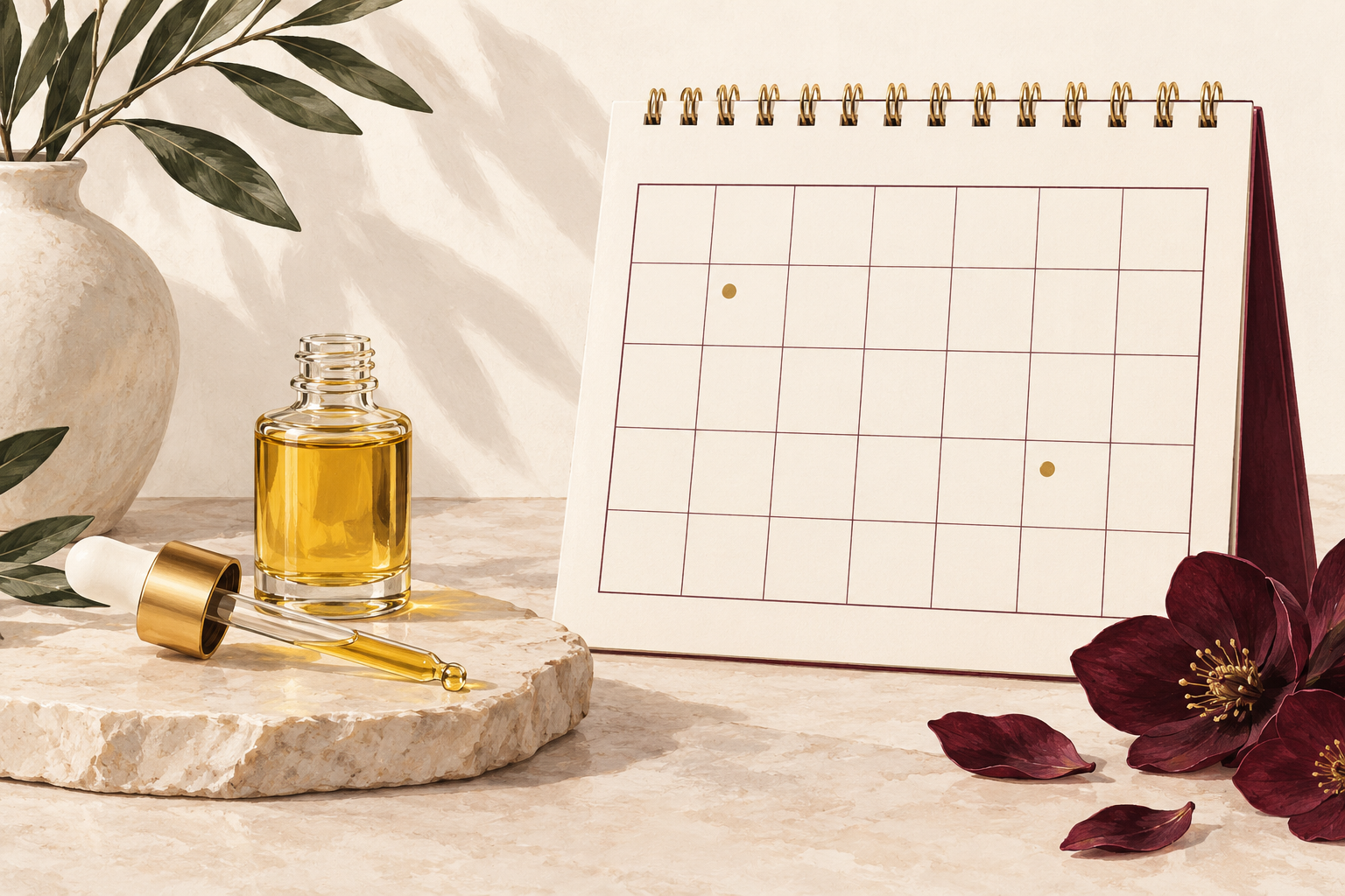A blank calendar with two gold dots stands beside an open oil bottle and a resting dropper.
