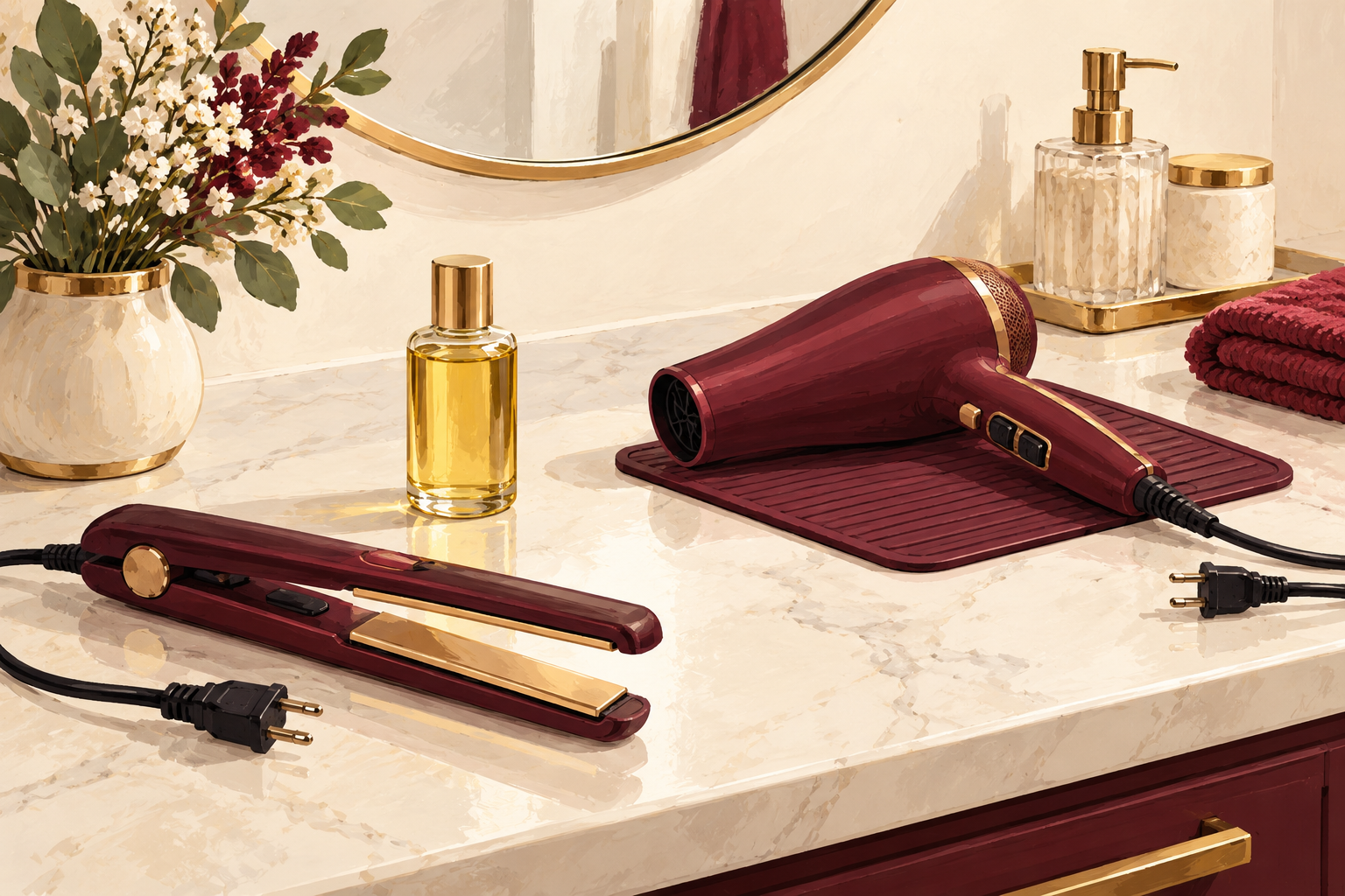 A capped oil bottle sits beside an unplugged flat iron and a hair dryer resting on a mat.