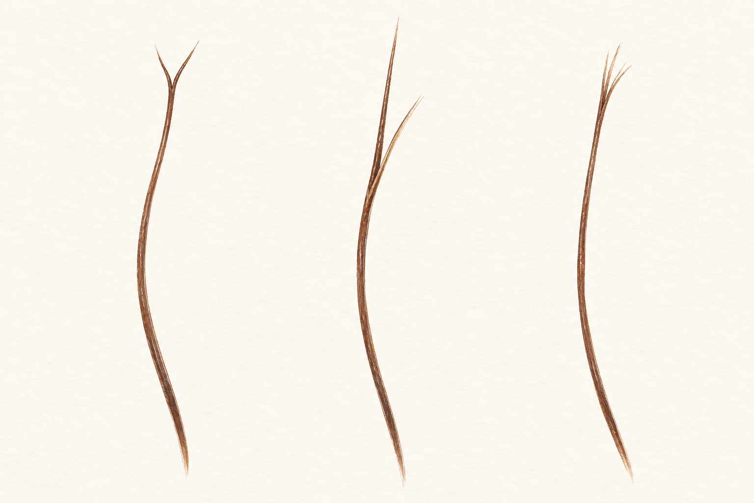 Three separate fine hair strands show a forked tip, a split higher on the shaft, and a lightly frayed end.