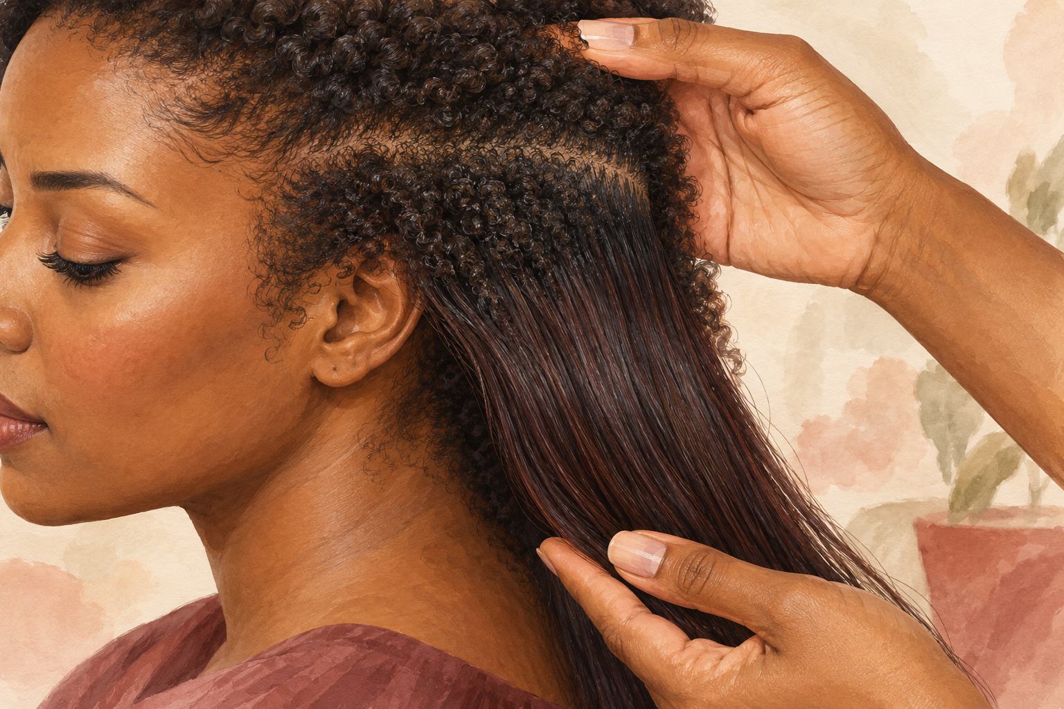 Hands gently support a hair section with coily natural roots meeting straighter relaxed lengths.