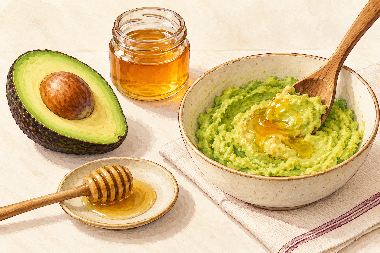 A ripe avocado half, small honey jar and spoon sit beside a bowl of mashed avocado with honey.