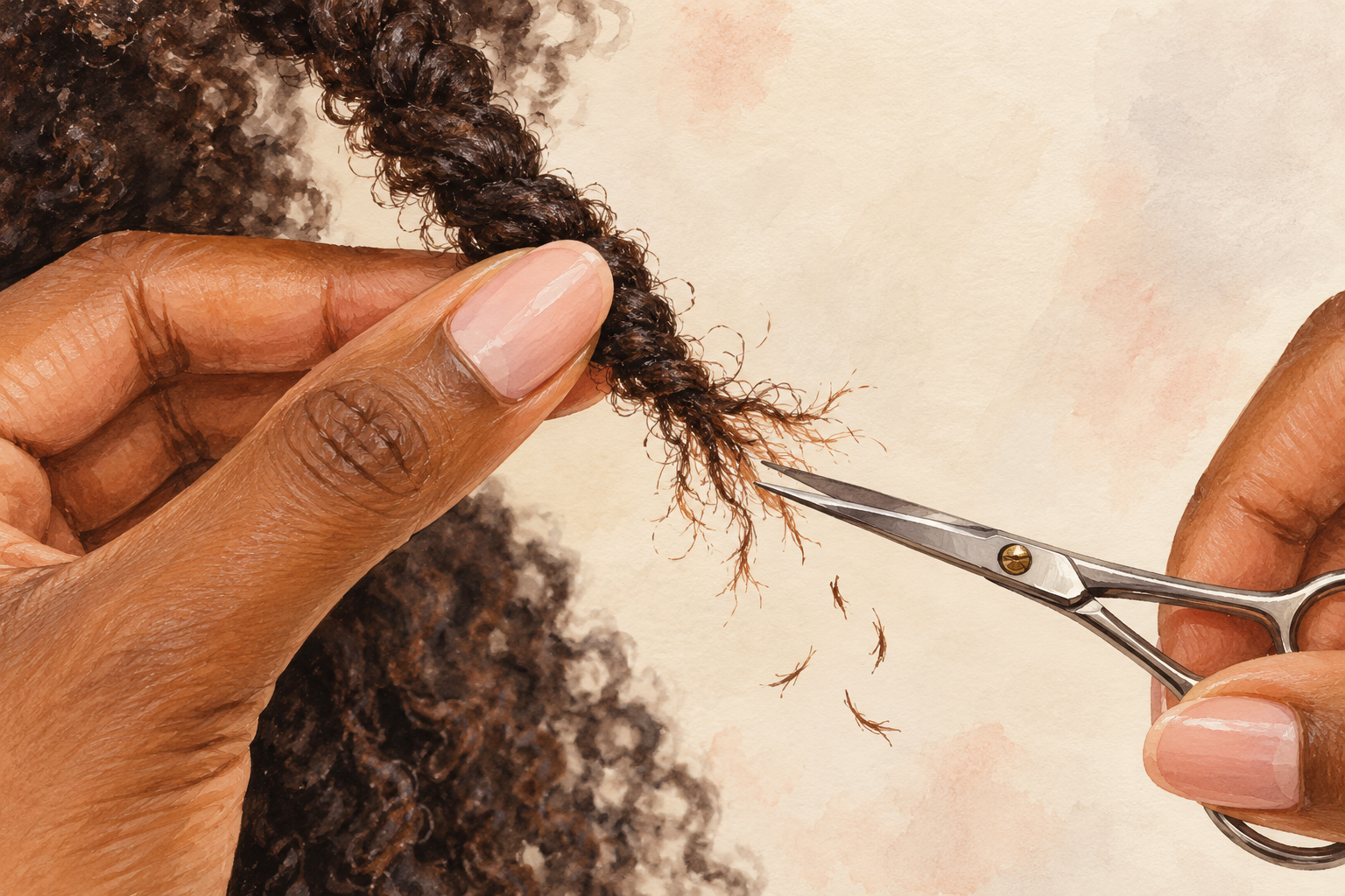 Small scissors trim a tiny visibly split end from a coily hair section held gently between fingers.