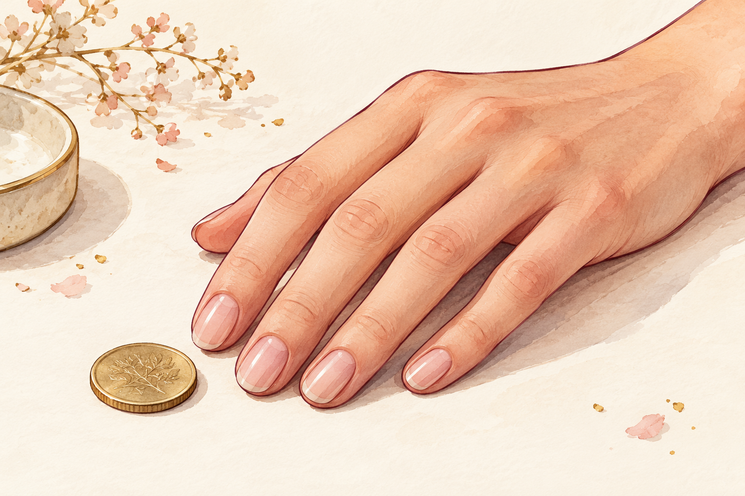 Short-to-medium natural nails just beyond the fingertips rest beside a coin.
