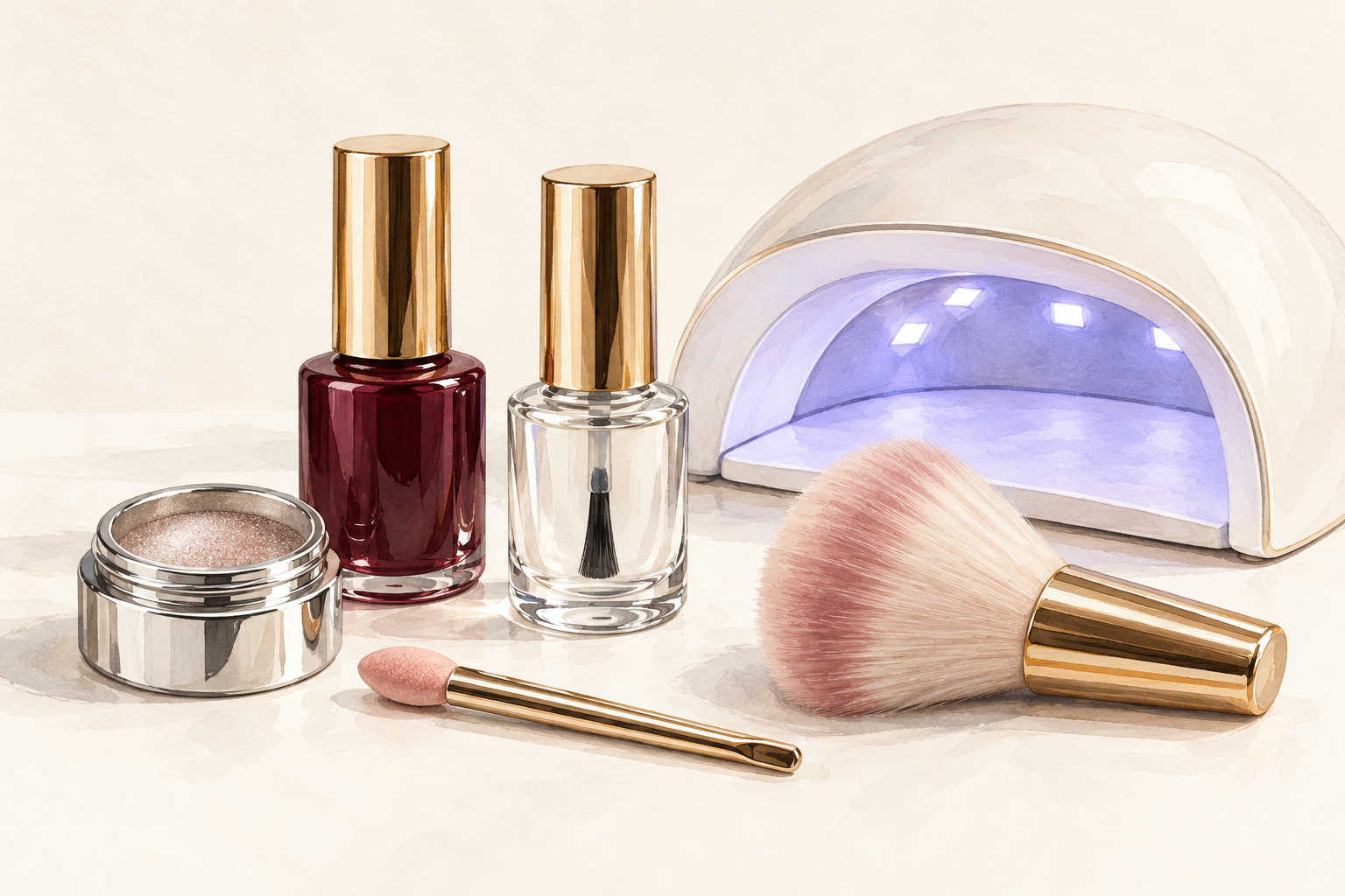 An unbranded chrome manicure kit includes powder, dark gel polish, applicator, top coat, soft brush and compatible lamp.